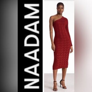 NAADAM One-Shoulder Cable-Knit Midi Dress in Deep Red